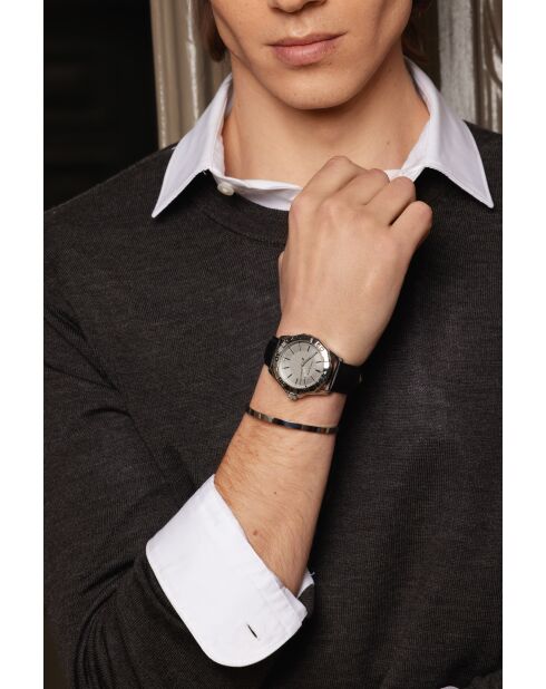 Reloj Seeberg para hombre de piel negra y gris con costuras lisas y acolchadas