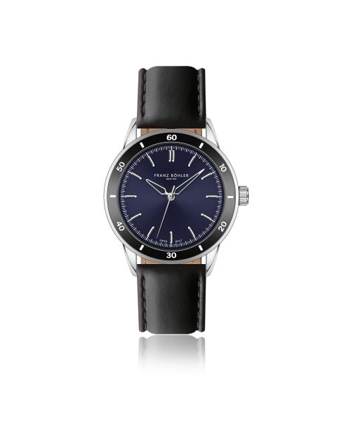Reloj para hombre de piel Sihl negro y azul oscuro con costuras lisas y acolchado