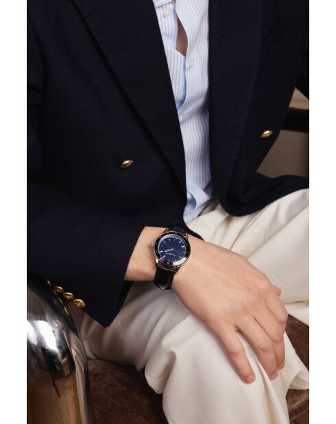 Reloj para hombre de piel Sihl negro y azul oscuro con costuras lisas y acolchado