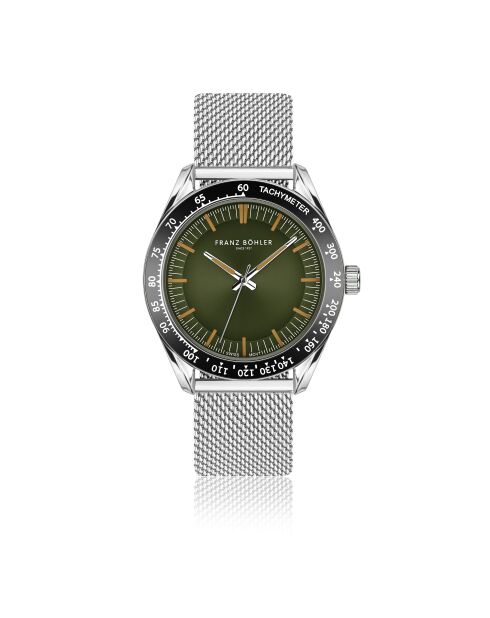 Reloj Greifensee de malla metálica plateado/verde oscuro para hombre
