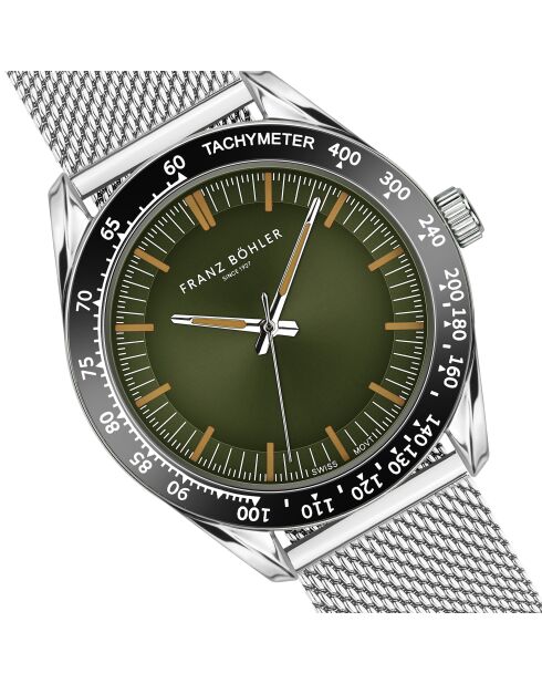 Reloj Greifensee de malla metálica plateado/verde oscuro para hombre