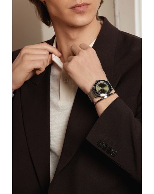 Reloj Greifensee de malla metálica plateado/verde oscuro para hombre