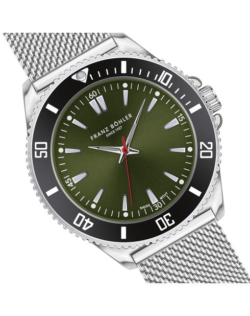 Reloj Baldegg de malla metálica plateada/verde para hombre