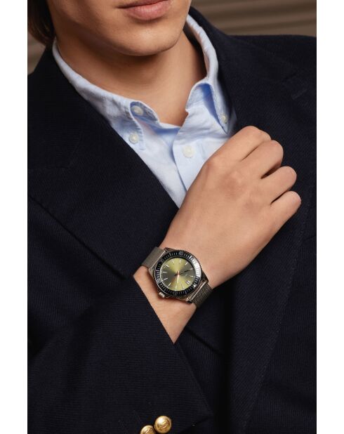 Reloj Baldegg de malla metálica plateada/verde para hombre