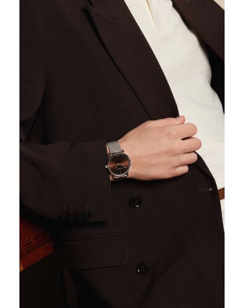 Reloj Lungern de malla metálica plateada/marrón para hombre
