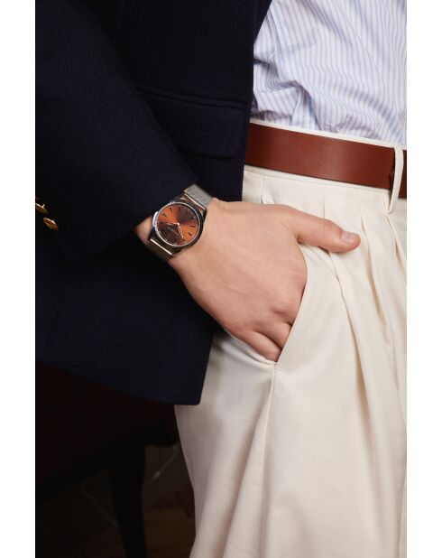 Reloj Rotsee de malla metálica plateada/marrón para hombre