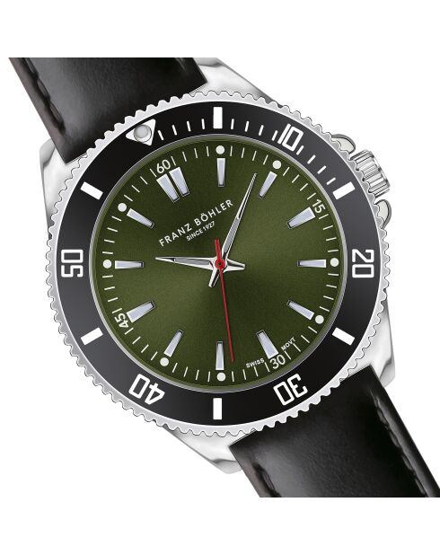 Reloj Baldegg para hombre de piel negra y verde con costuras lisas y acolchadas