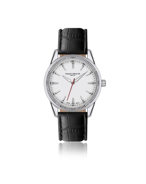 Reloj para hombre acolchado y cosido liso en piel de cocodrilo Tanay en blanco y negro