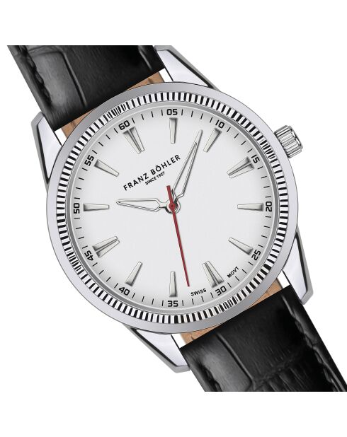 Reloj para hombre acolchado y cosido liso en piel de cocodrilo Tanay en blanco y negro