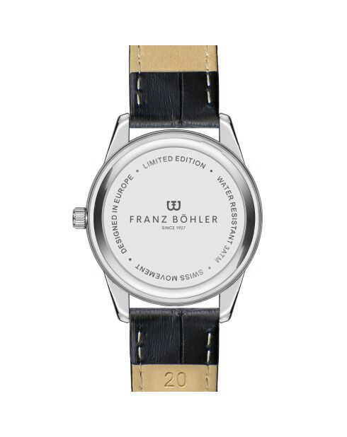Reloj para hombre acolchado y cosido liso en piel de cocodrilo Tanay en blanco y negro