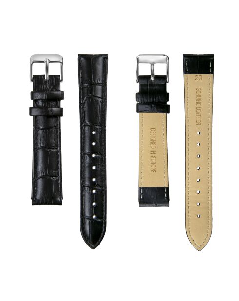 Reloj para hombre acolchado y cosido liso en piel de cocodrilo Tanay en blanco y negro