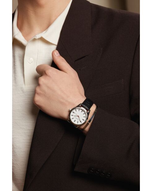 Reloj para hombre acolchado y cosido liso en piel de cocodrilo Tanay en blanco y negro