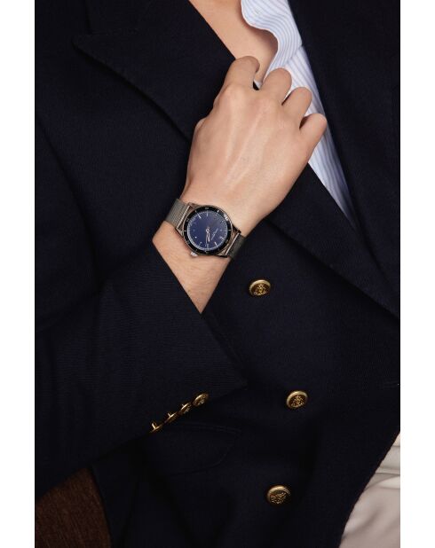 Reloj Sihl plateado/azul oscuro de malla metálica para hombre