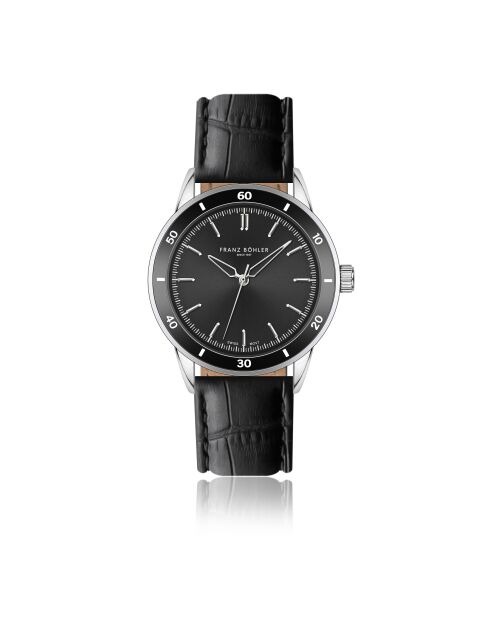 Reloj Katzensee de piel negra de cocodrilo para hombre con costuras lisas y acolchadas