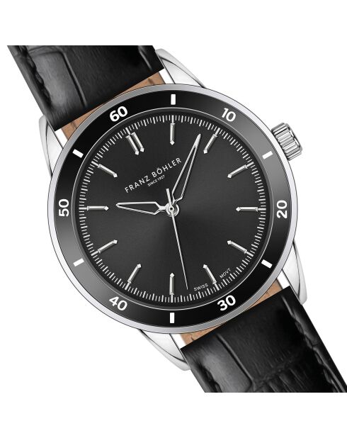 Reloj Katzensee de piel negra de cocodrilo para hombre con costuras lisas y acolchadas