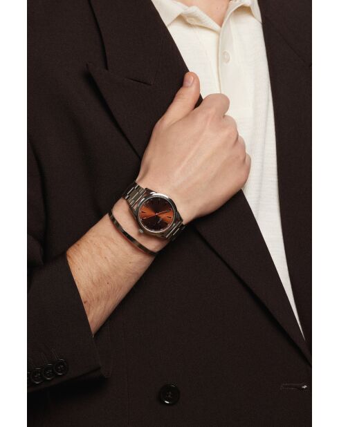 Reloj Rotsee de malla fina plateado/marrón para hombre