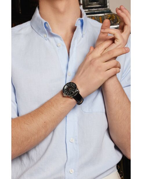 Reloj Hallwil para hombre de piel acolchada y con costuras lisas en negro/plata