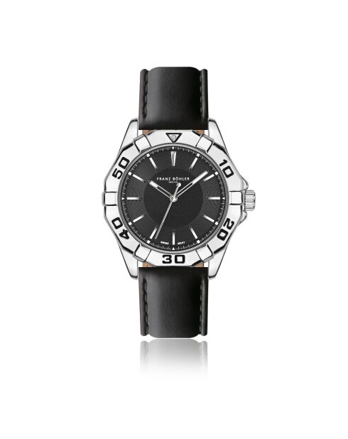 Reloj para hombre de piel Totensee negra y plateada con costuras lisas y acolchadas