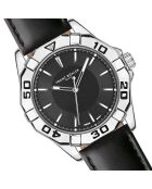 Reloj para hombre de piel Totensee negra y plateada con costuras lisas y acolchadas