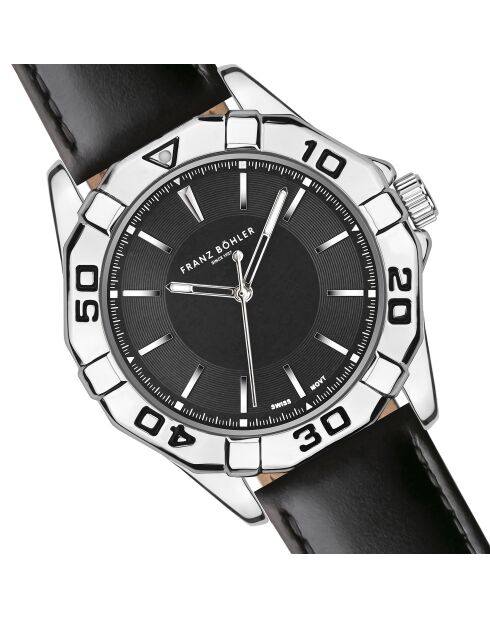 Reloj para hombre de piel Totensee negra y plateada con costuras lisas y acolchadas