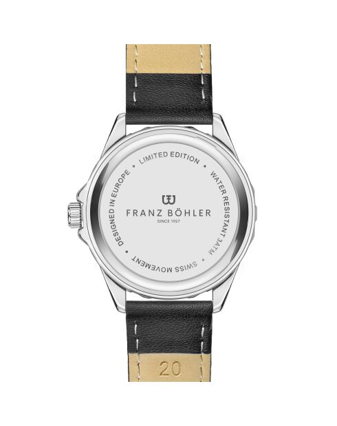 Reloj para hombre de piel Totensee negra y plateada con costuras lisas y acolchadas