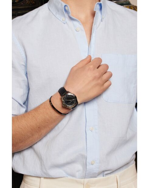 Reloj para hombre de piel Totensee negra y plateada con costuras lisas y acolchadas