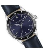 Reloj para hombre de piel Sihl azul oscuro con costuras lisas y acolchado
