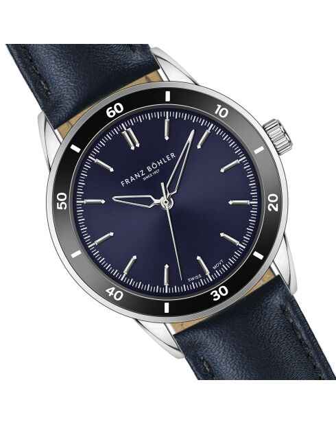 Reloj para hombre de piel Sihl azul oscuro con costuras lisas y acolchado