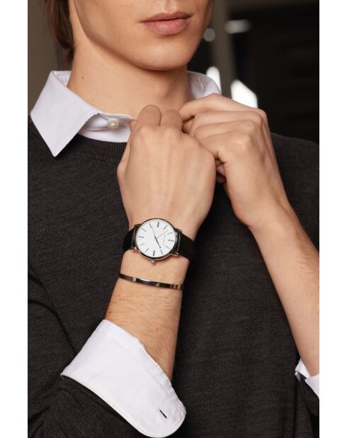 Reloj Bannalp para hombre con costuras lisas y acolchadas en piel blanca/negra