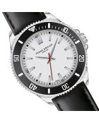 Reloj para hombre de piel Walen negro y plateado con costuras lisas y acolchadas