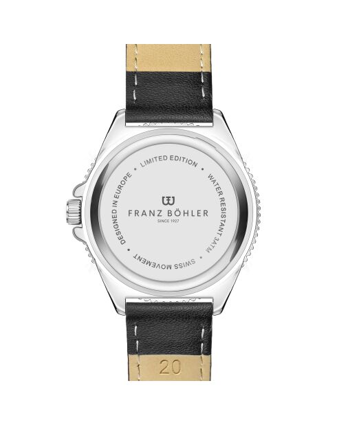 Reloj para hombre de piel Walen negro y plateado con costuras lisas y acolchadas