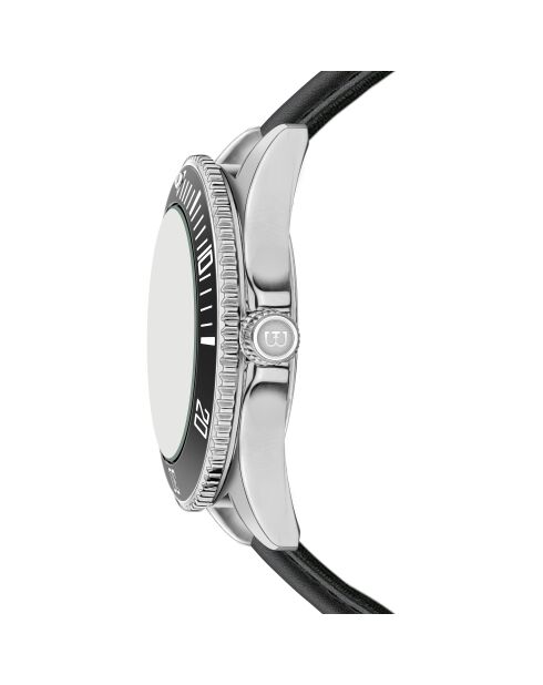 Reloj para hombre de piel Walen negro y plateado con costuras lisas y acolchadas