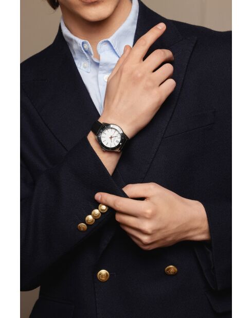 Reloj para hombre de piel Walen negro y plateado con costuras lisas y acolchadas