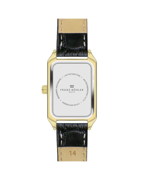 Sarner Croco Damenuhr aus glattem, gepolstertem und genähtem Leder in Schwarz/Gold