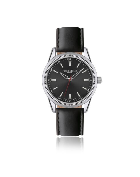 Reloj Huttwil negro y plateado de piel acolchada y con costuras lisas para hombre