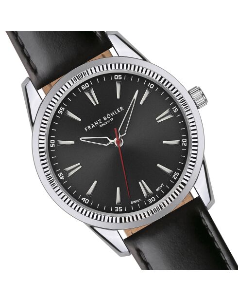 Reloj Huttwil negro y plateado de piel acolchada y con costuras lisas para hombre