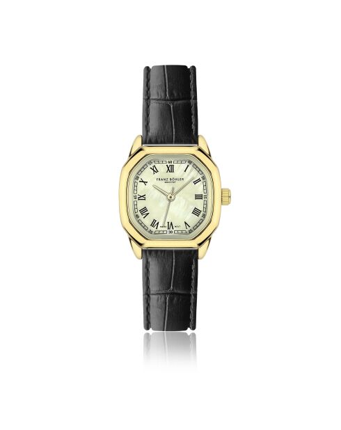 Lauerz Croco Damenuhr aus glattem genähtem und gepolstertem Leder in Schwarz/Gold