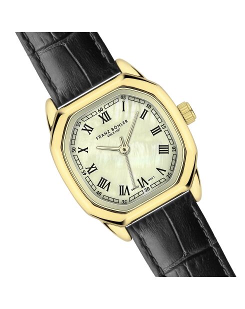 Lauerz Croco Damenuhr aus glattem genähtem und gepolstertem Leder in Schwarz/Gold