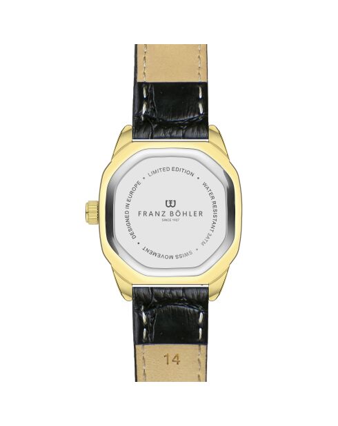 Lauerz Croco Damenuhr aus glattem genähtem und gepolstertem Leder in Schwarz/Gold