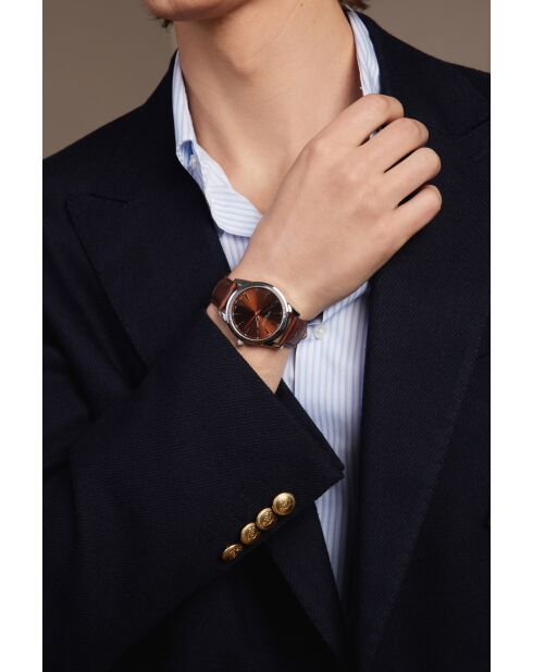 Reloj para hombre de piel marrón cocodrilo de Rotsee con costuras lisas y acolchadas