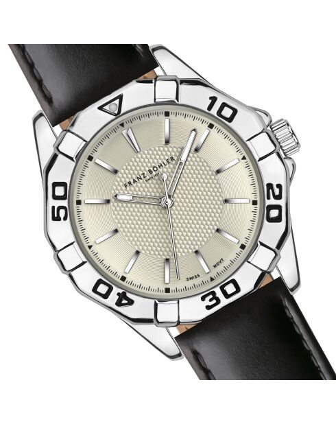 Reloj para hombre de piel Gelmer negra y plateada con costuras lisas y acolchadas