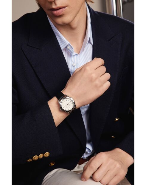 Reloj para hombre de piel Gelmer negra y plateada con costuras lisas y acolchadas