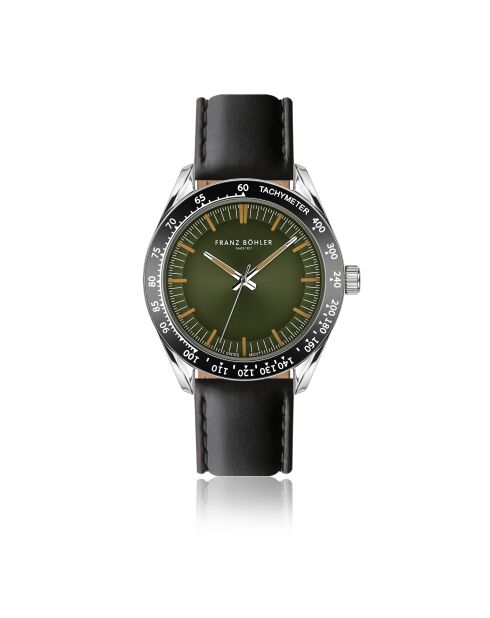 Reloj Greifensee de piel negra y plateada para hombre con costuras lisas y acolchadas