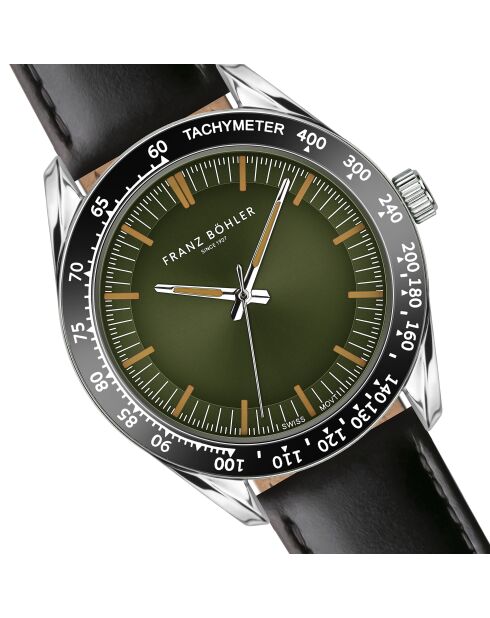 Reloj Greifensee de piel negra y plateada para hombre con costuras lisas y acolchadas