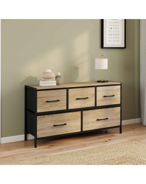 Commode Iris 5 tiroirs en bois et tissu bois/noir- 100x30x55 cm