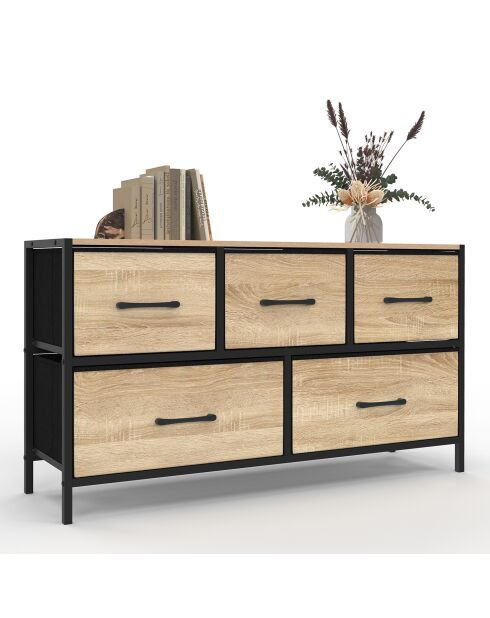 Commode Iris 5 tiroirs en bois et tissu bois/noir- 100x30x55 cm