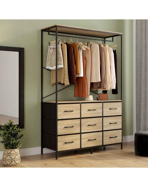 Dressing Iris penderie et 9 tiroirs bois/noir - 113x40x167 cm