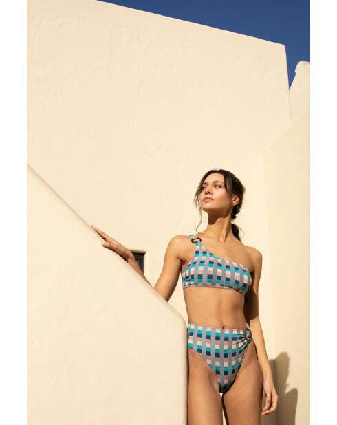 Top de bikini tipo bralette asimétrico cuadrado Typha, rosa, turquesa, azul medianoche