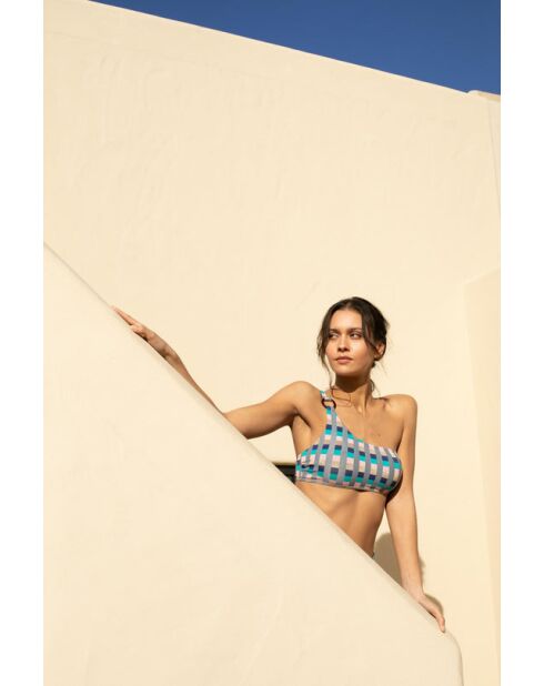 Top de bikini tipo bralette asimétrico cuadrado Typha, rosa, turquesa, azul medianoche