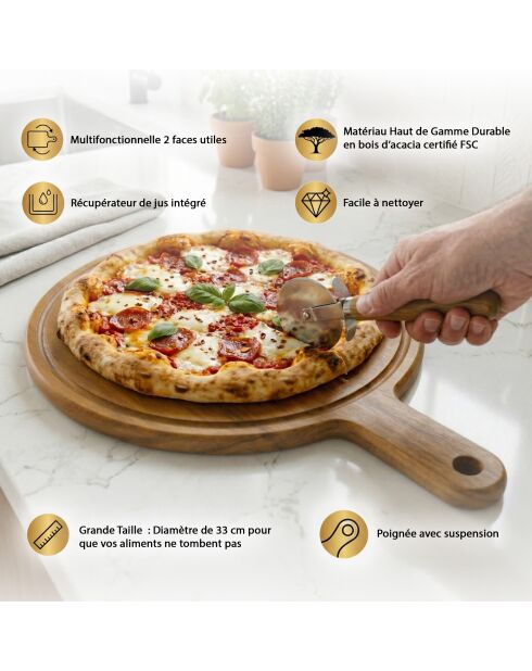 Planche à pizza ronde avec rigole et poignée Fiorenza marron - 33 cm